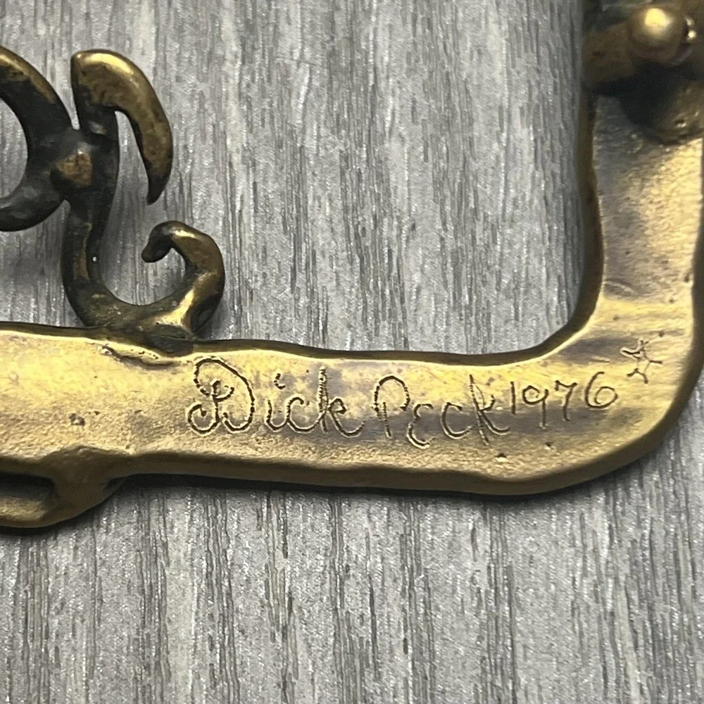 Vintage Dick Peck Belt Buckle Mens Brass Hammered Monogram JDM Signed 1976 1970s